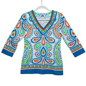 Barbara Gerwit M 3/4 Sleeve V Neck Top Colorful Paisley Resort Boho Graphic Bold